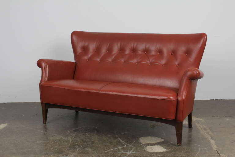 Mid-20th Century Danish Leather Tufted Tight Back and Seat Sofa