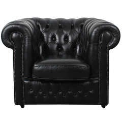 English Black Leather Vintage Chesterfield Lounge Chair