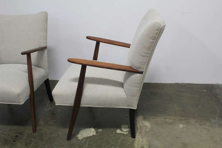 Pair of Danish fabric arm chairs. In Excellent Condition In North Hollywood, CA