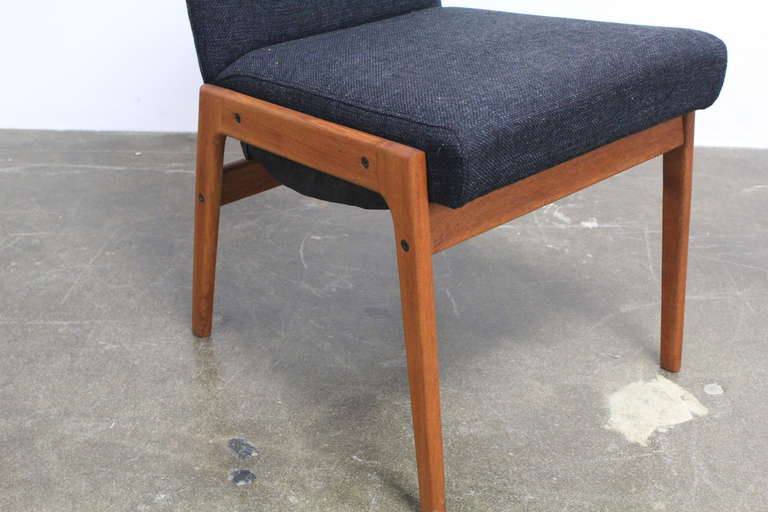 Set of 4 tall back fabric and teak mid century modern dining chairs. 1