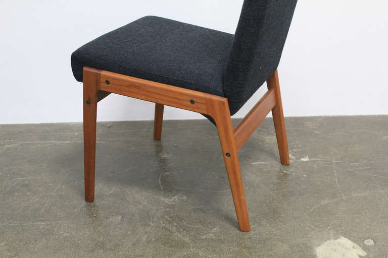 Teak Set of 4 tall back fabric and teak mid century modern dining chairs.