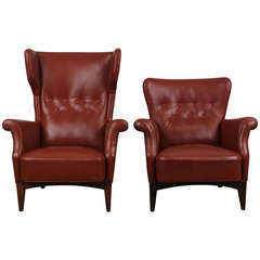 Paid of His and Hers Danish Leather Tufted Lounge Chairs