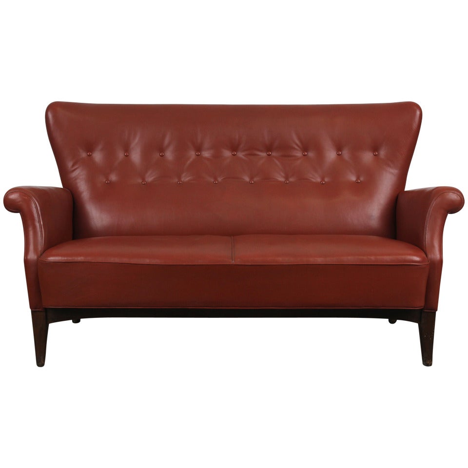 Danish Leather Tufted Tight Back and Seat Sofa