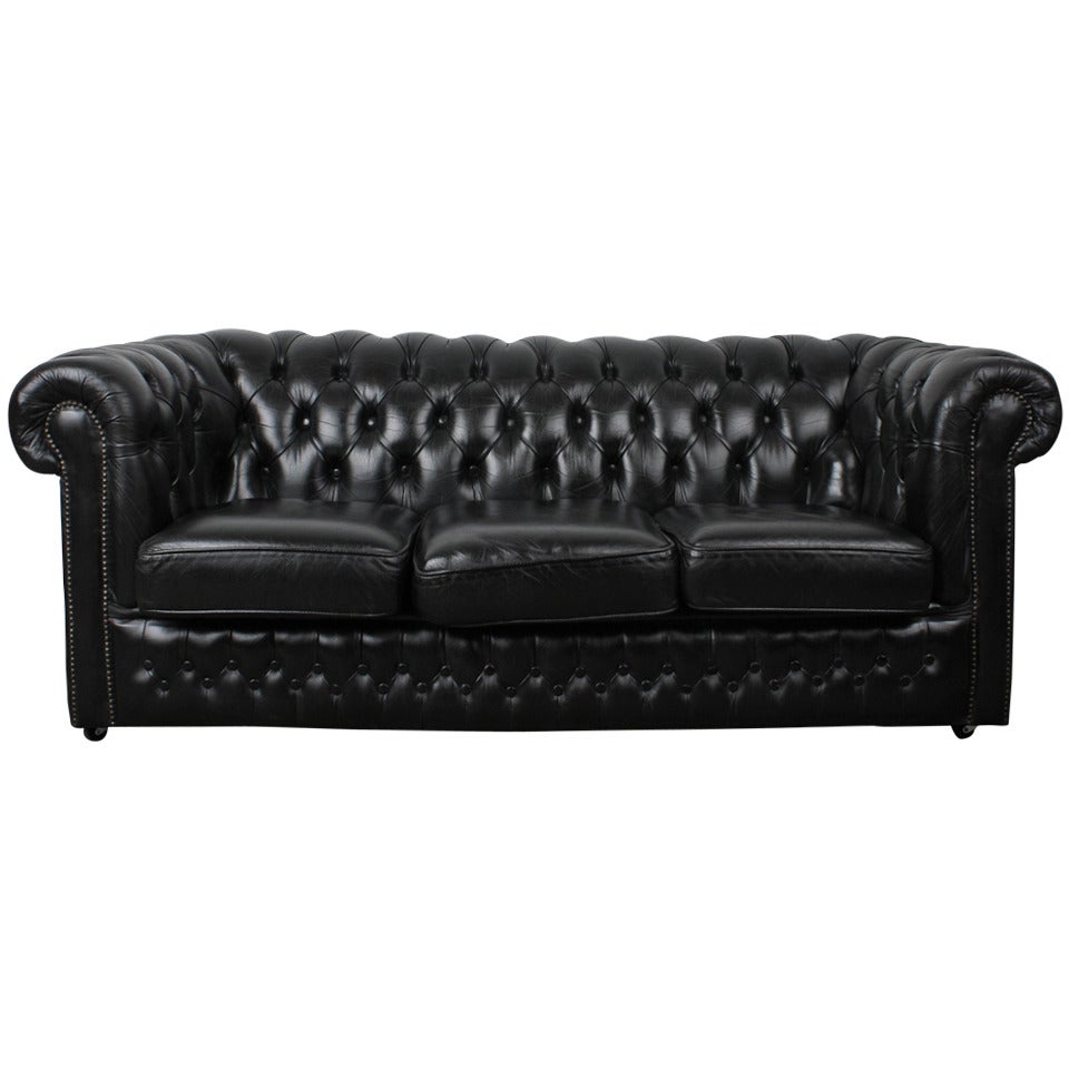 English Vintage Black Leather Chesterfield Sofa