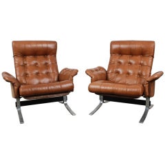 Pair of Tufted Leather Danish Mid Century Modern Flat Bar Metal Lounge Chairs