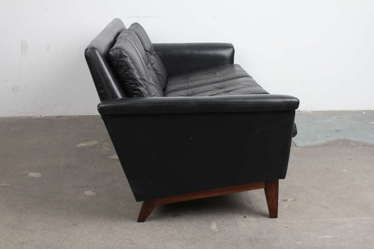 Teak Vintage Black Leather Mid Century Modern Sofa with Rosewood Base