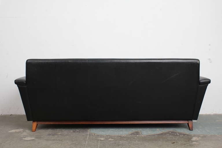 Vintage Black Leather Mid Century Modern Sofa with Rosewood Base 2