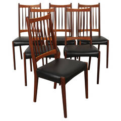 Set of 6 Teak and Leather Mid-Century Dining Chairs