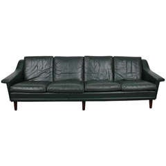 Vintage Green Leather Mid Century Modern Sofa