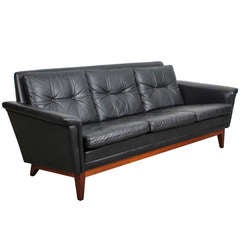 Vintage Black Leather Mid Century Modern Sofa with Rosewood Base