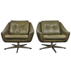Dark Olive Green Leather Mid Century Modern Lounge Chairs