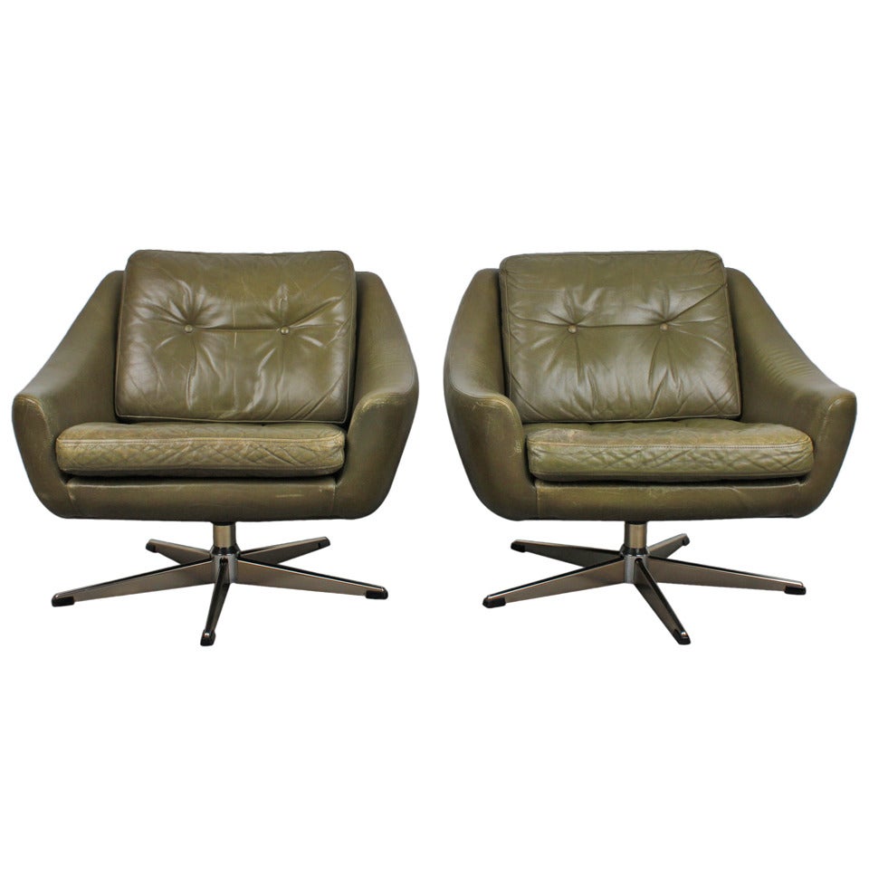 Dark Olive Green Leather Mid Century Modern Lounge Chairs at 1stDibs