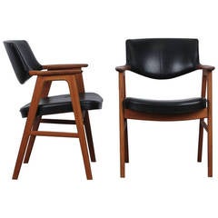 Set of 2 Erik Kirkegaard Leather and Teak Side Chairs