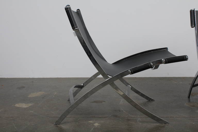 Swiss Pair of Mid-Century Chrome and Leather Lounge Chairs, attr. Paul Tuttle