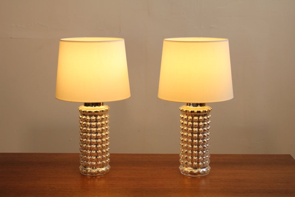Pair of Swedish Mid-Century Modern mercury glass lamps with original shades, N.O.S., by Helena Tynell for Luxus of Sweden. Came in original plastic wrapping, never opened.