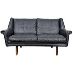 Danish Midcentury Black Leather 2 Seat Sofa