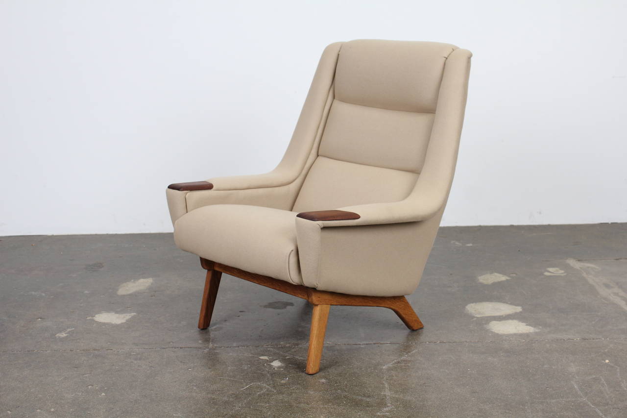 Fabric Danish Mid-Century Modern Tall Lounge Chair with Teak Arm Accents