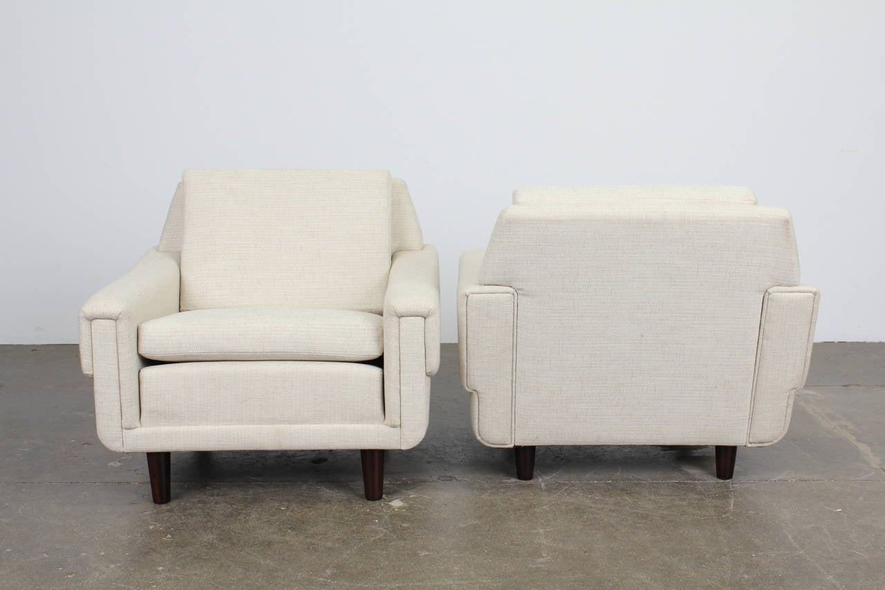 Fabric Pair of Off-White Danish Modern, Low Lounge Chairs
