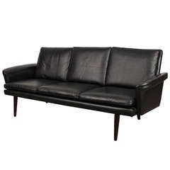 Black Leather Mid-Century Modern Sofa
