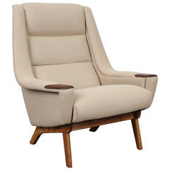 Danish Mid-Century Modern Tall Lounge Chair with Teak Arm Accents