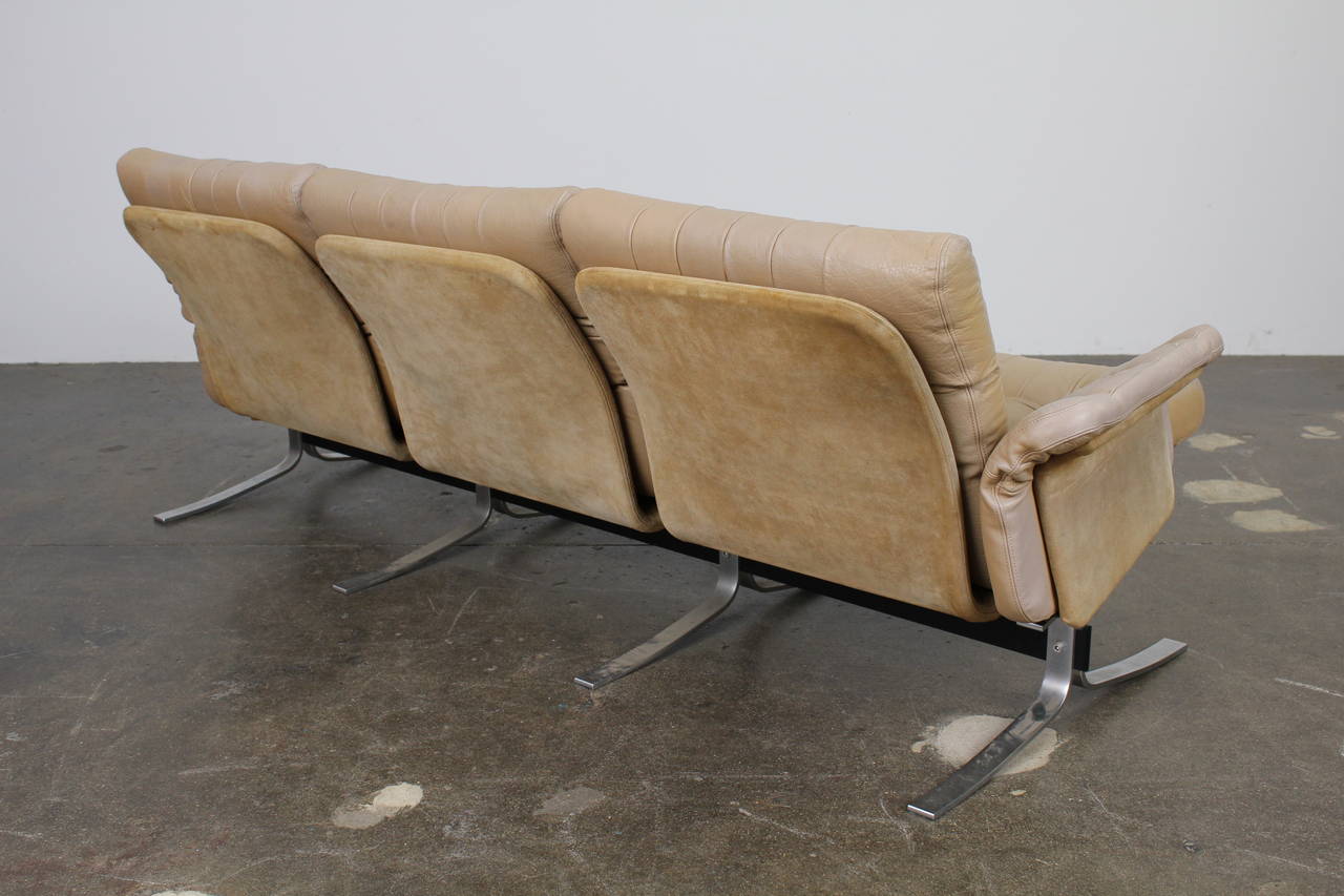 Danish Three-Seat Metal Sofa with Tufted Crème Leather by Ebbe Gehl & Søren Nissen