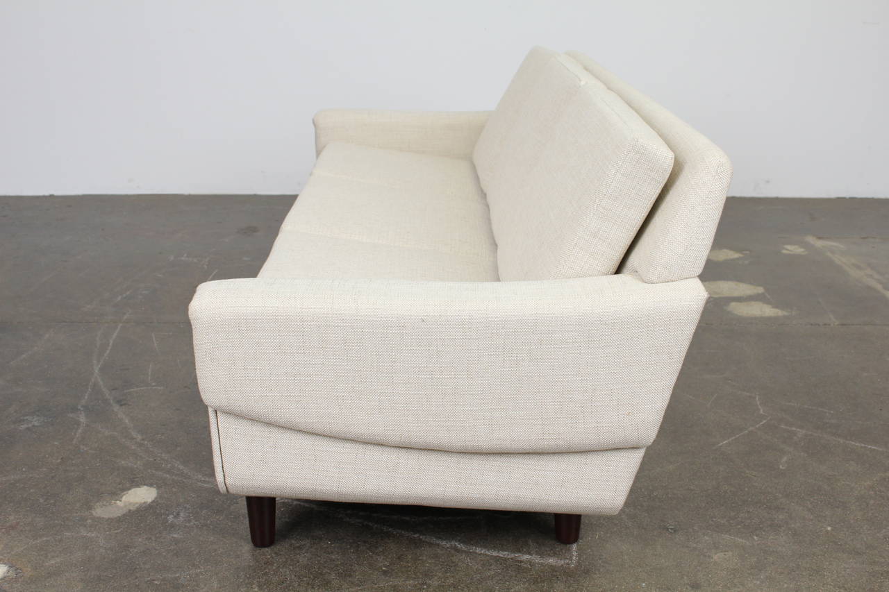 Fabric Off-White Danish Three-Seat Sofa with Rosewood Legs