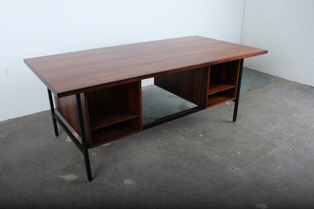 Danish Mid Century Modern rosewod desk with black metal frame. 1