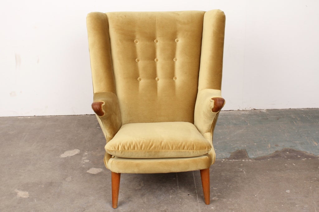 Gorgeous mid century lounge chair in the manner of the Papa Bear newly re-upholstered in hi-end French mohair and teak arms and legs.
