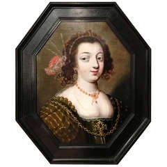 17th Century Octogonal Portrait of Lady with Ostrich Feather
