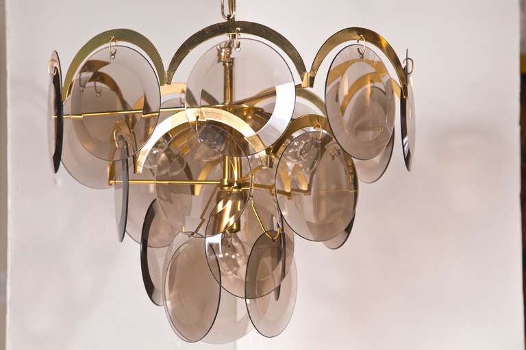 1970's Vitossi Italy Smoked Glass Disc Chandelier or Pendant Light