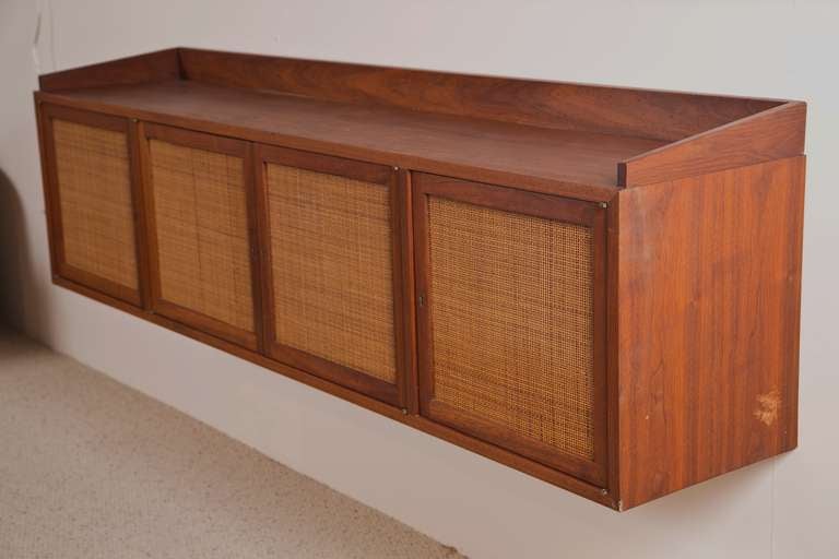 Mid-Century Modern Wall Mounted Knoll Credenza with Cane Detail For Sale