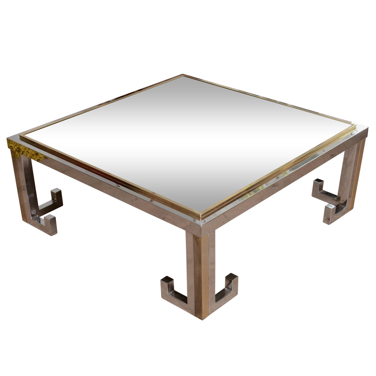 1960s Glass Table with Chrome and Brass Greek Key Design For Sale