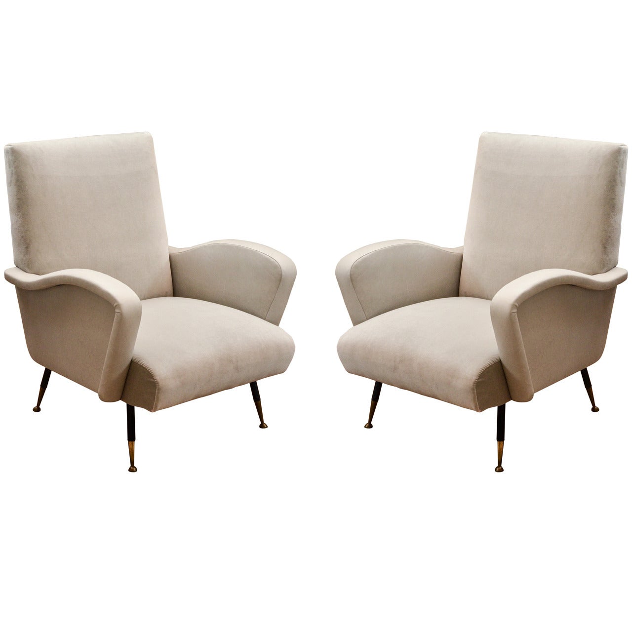 Pair of Italian Mid-century Armchairs in the Style of Gio Ponti in Velvet and Leather