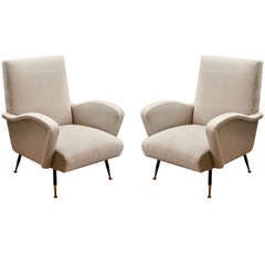 Pair of Italian Mid-century Armchairs in the Style of Gio Ponti in Velvet and Leather