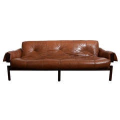 Vintage 1960's Mid Century Brazilian Percival Lafer Leather Sofa With  Rosewood Frame