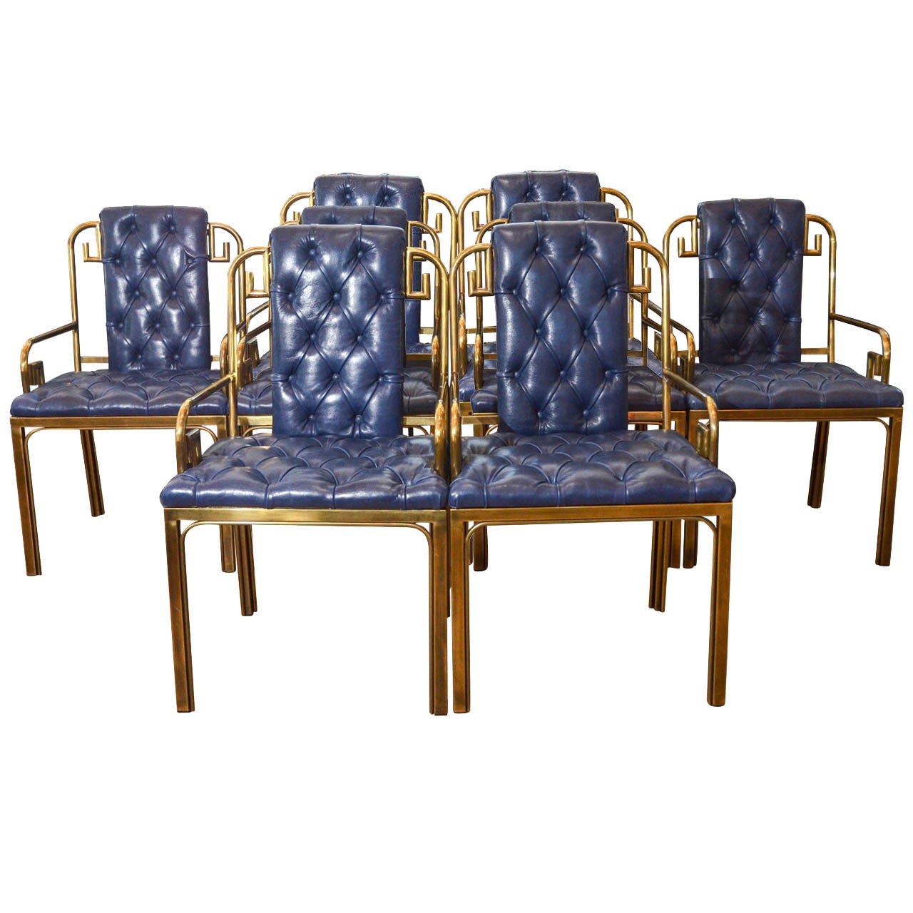 Set of Eight Mid Century Mastercraft Greek Key Leather Dining Chairs