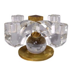 Jacques Adnet Brass and Crystal Four Branch Candelabrum