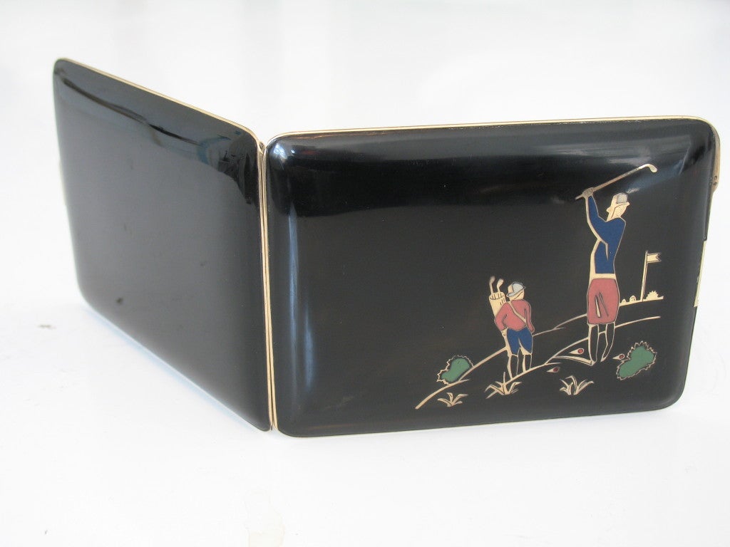 Art Deco Cigarette Case Enamelled with Stylised Golfers