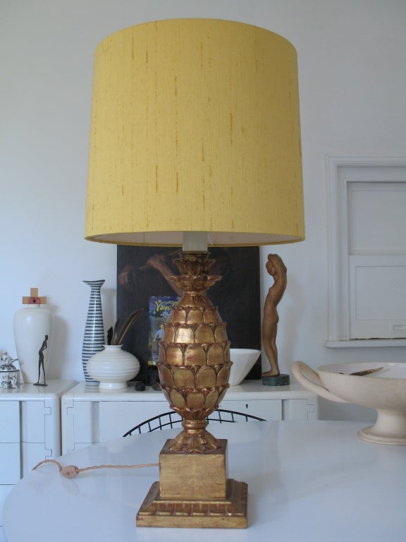 An imposing and fully signed Distressed Giltwood Pineapple Lamp by Maison Chares of France