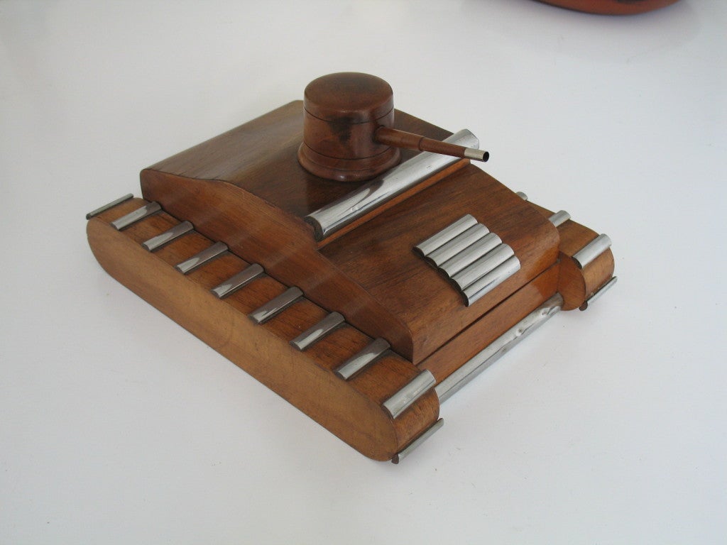 Art Deco Chrome and Timber Cigarette Box formed as a Tank