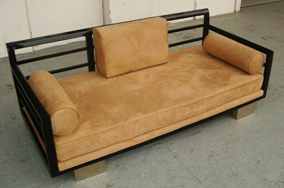 Substantial 3 Seater Modernist Art Deco Couch or Day bed. Frame in black lacquer with fluted chrome plated front legs. Furnished in Beige Alcantara.