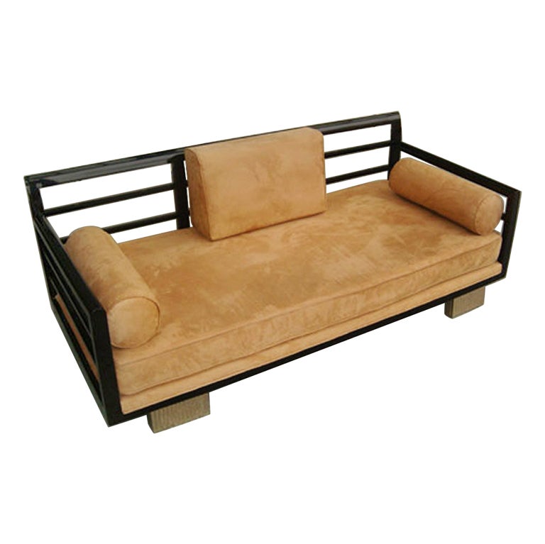 Art Deco Modernist Black Lacquer & Alcantara Couch For Sale