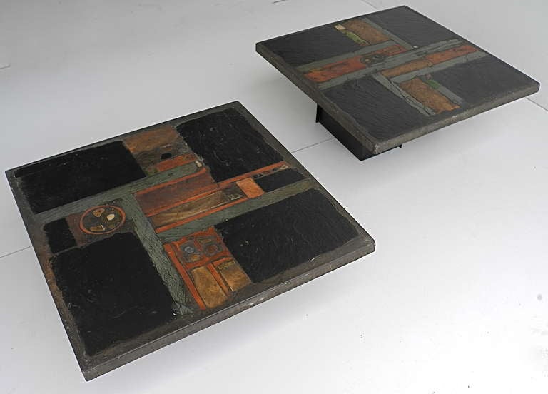 Pair of Paul Kingma Art Coffee Tables, Black Slate Stone and Brass 1978