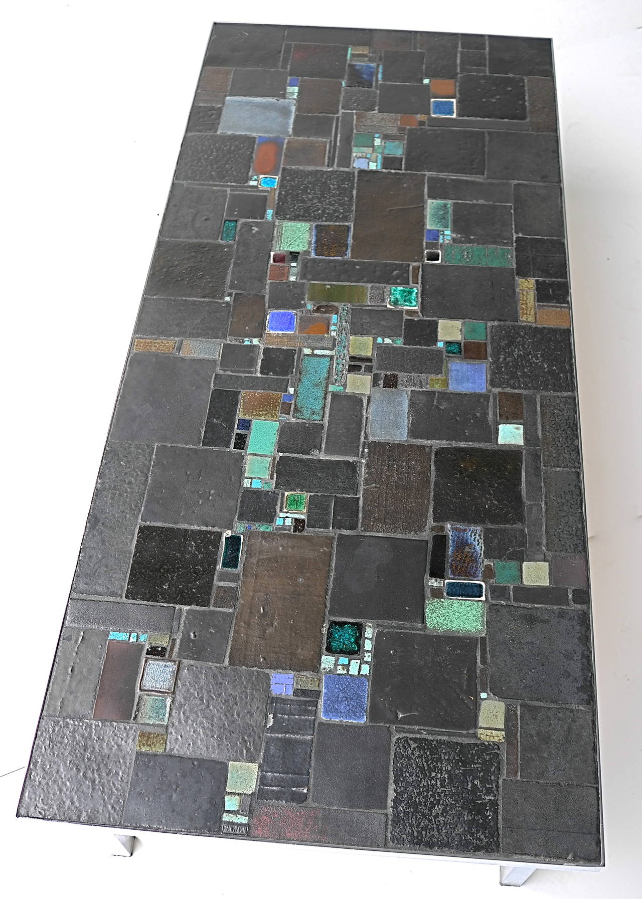 Pia Manu colored ceramic mosaic art table with chrome base.