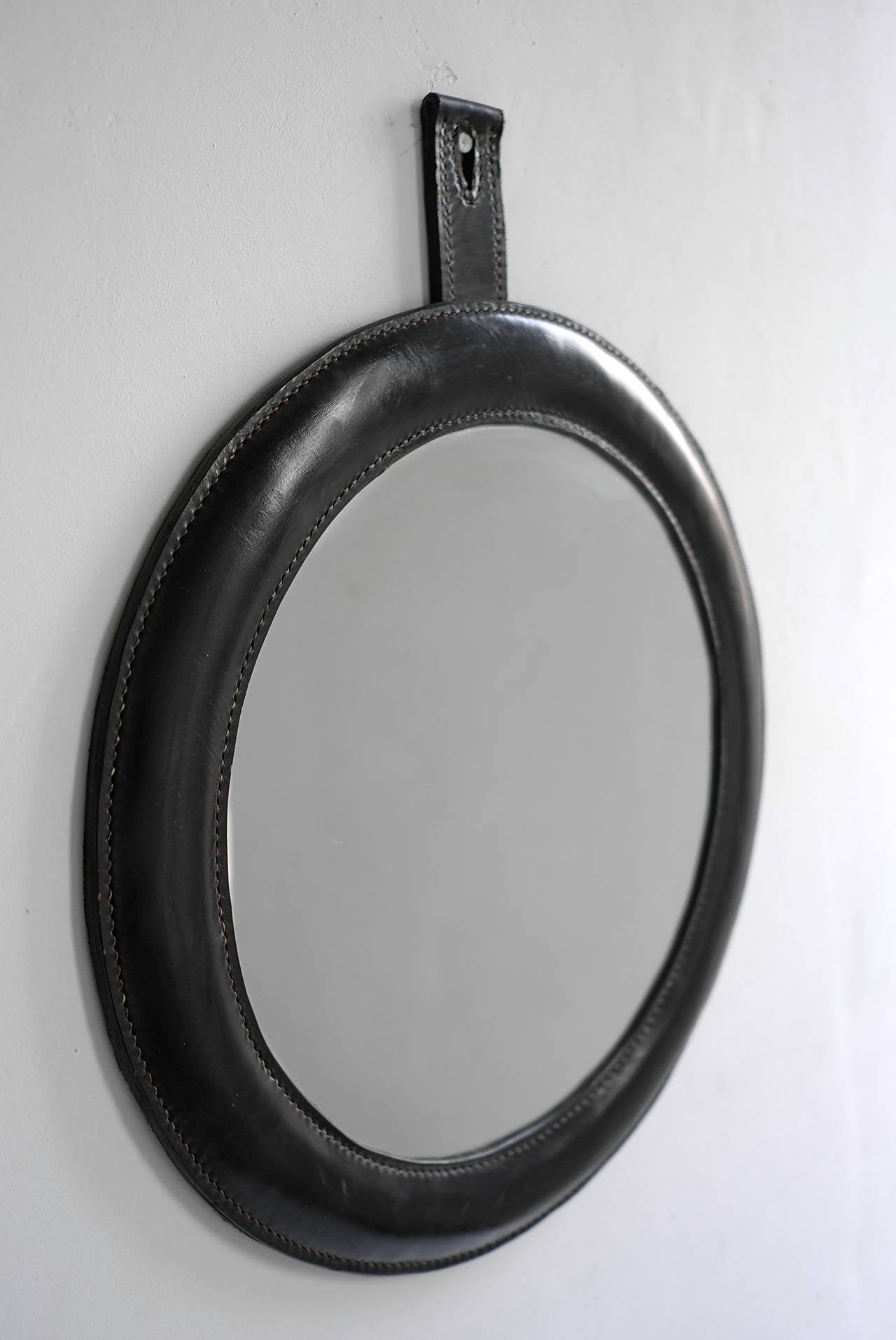 French Hand-Stitched Black Leather Wall Mirror in Style of Jacques Adnet