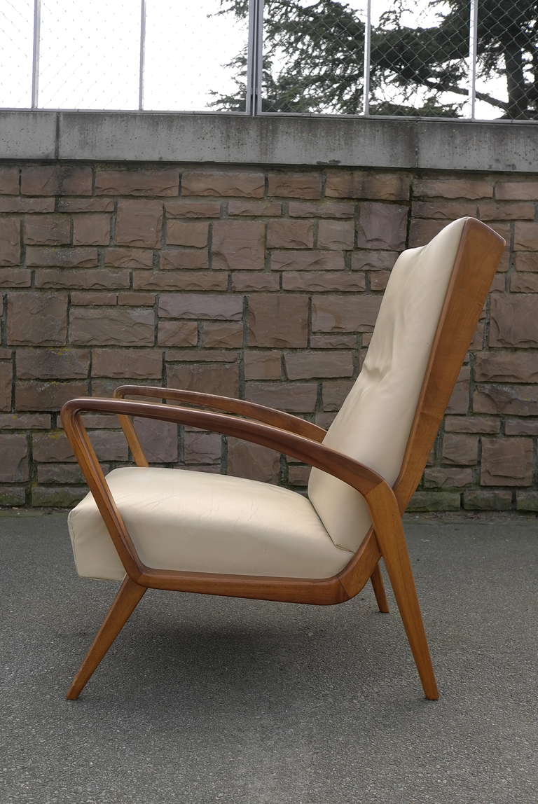Wood Italian White Leather Armchair In Style Of Gio Ponti Ca 1950's