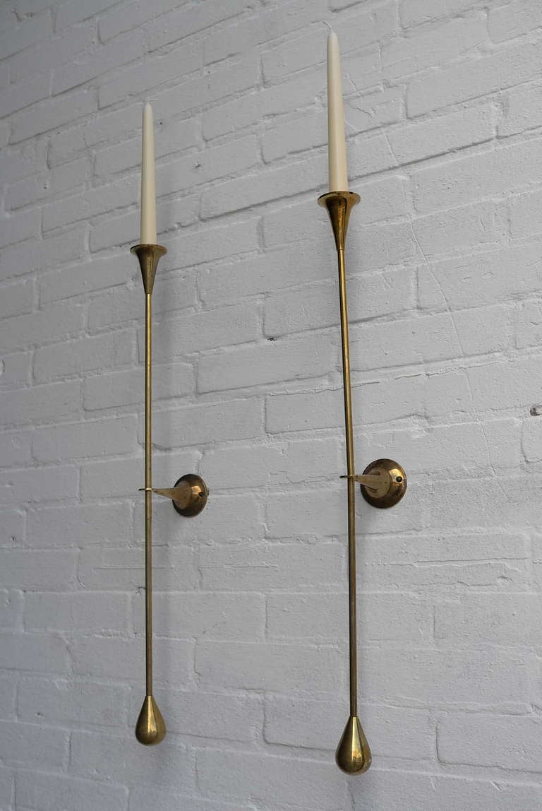 Mid-20th Century Fine Pair of Large Brass Candle Wall Sconces