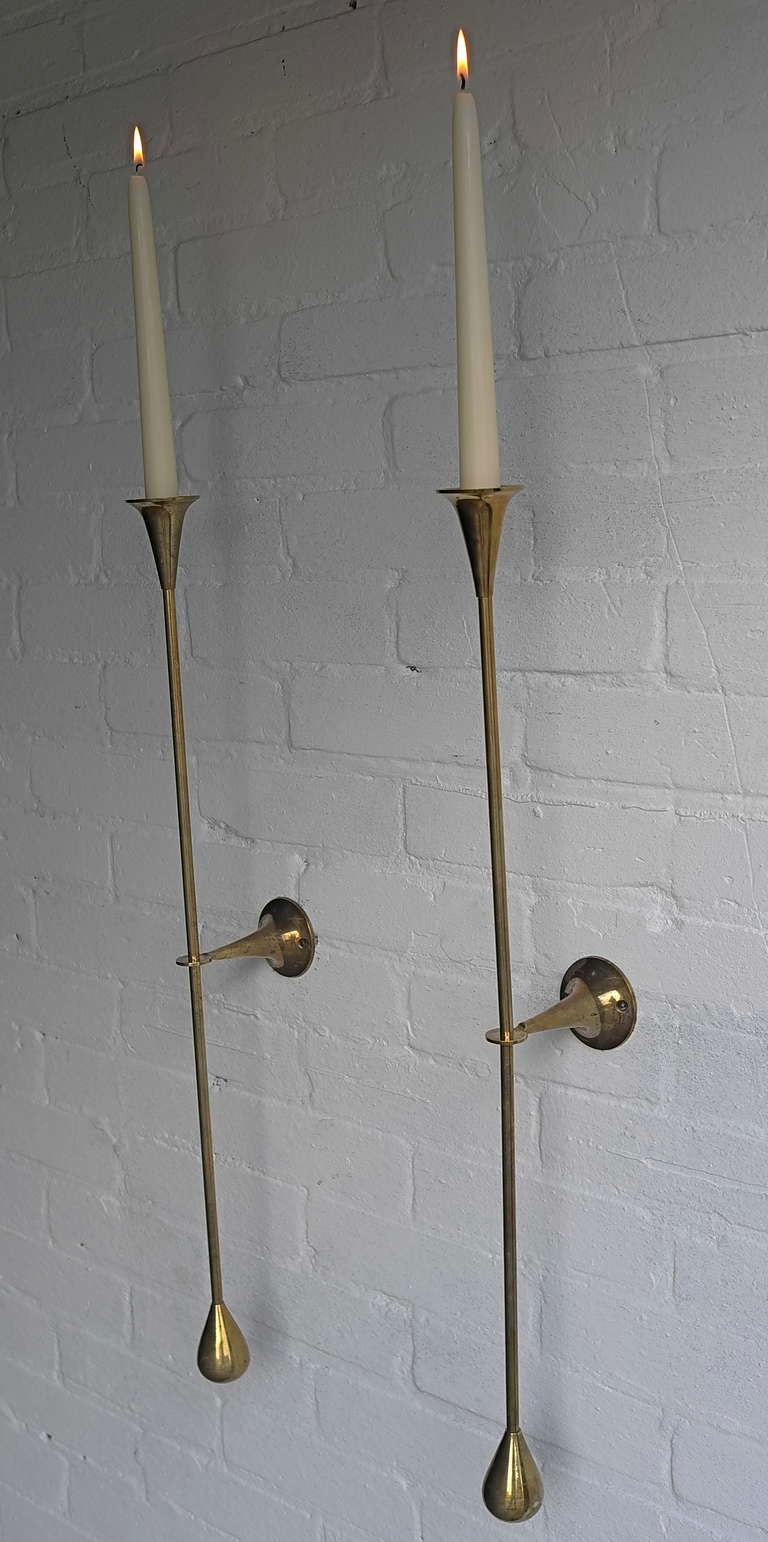 Pair off large Italian brass candle wall scones circa 1950's. Most probably Italian or Danish made.