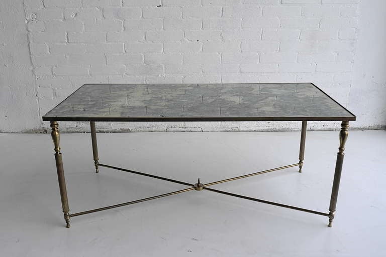 French Maison Jansen Style  Brass Cocktail Table with mirrored Top 3
