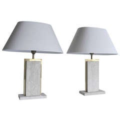 Pair of Travertine and Brass Sculptural Table Lamps